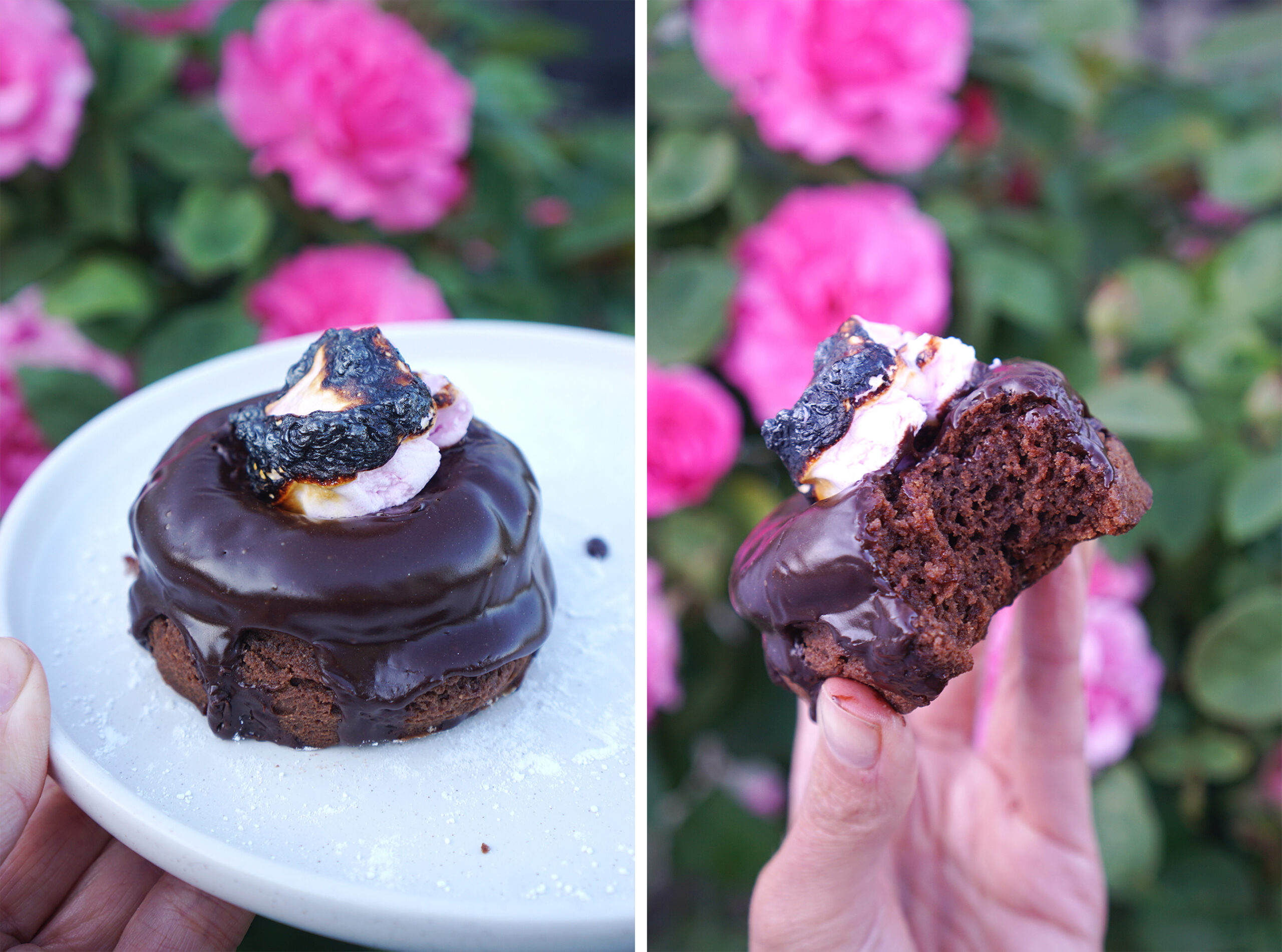 Gluten free chocolate yoghurt doughnuts with a Nutella glaze and toasted marshmallow on top