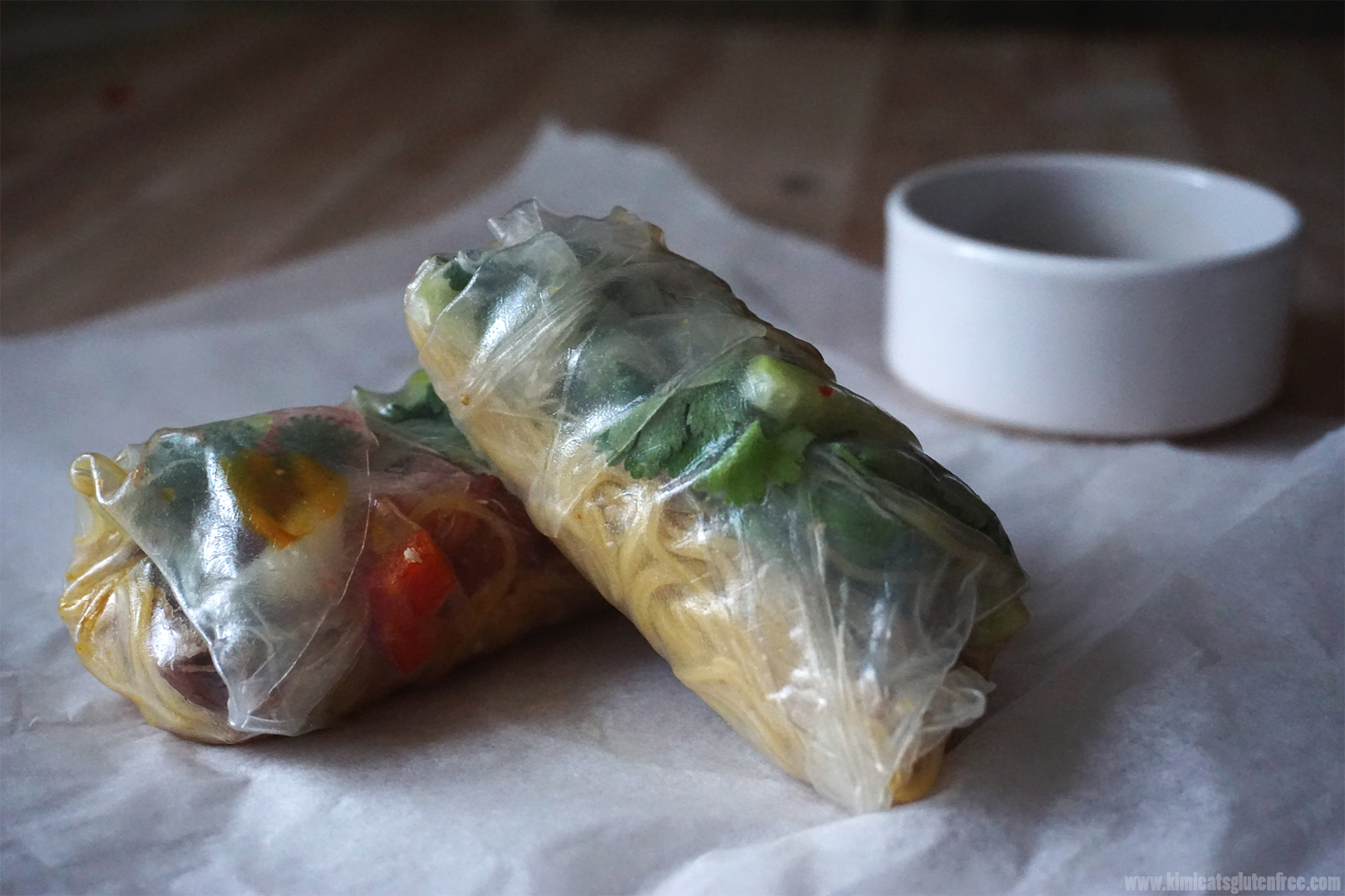 gluten free crispy duck spring rolls made with spring roll rice wrappers and singapore noodles