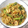 Gluten free chow mein noodles with prawn and broccoli, made with Barilla gluten free spaghetti