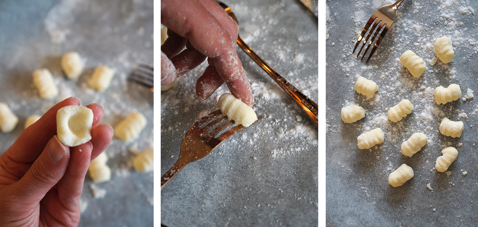 how to prepare homemade gluten free gnocchi - creating an indentation and rolling them on the back of a fork